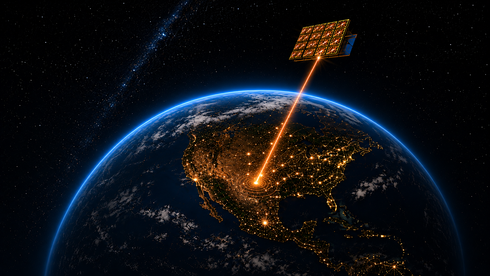 Bright Harvest: Powering Earth From Space — documentary key art showing a solar satellite beaming energy to Earth at night