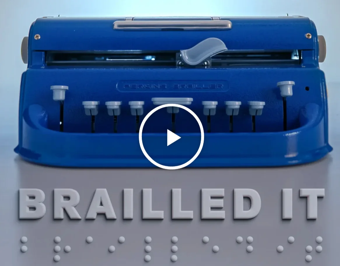 Brailled It — documentary key art featuring a Perkins brailler